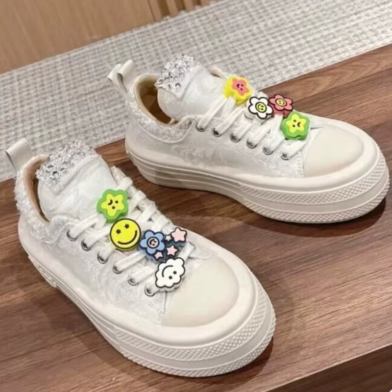 Cloth white shoes, casual footwear platform, sneakers, flowered