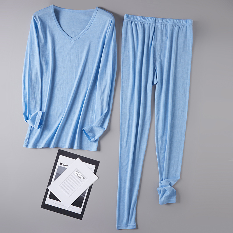 Mulberry silk cotton men's pajamas suit comfortable V-neck simple elegant skin-friendly warm bottoming long johns Mulberry silk cotton men's pajamas suit comfortable V-neck simple elegant skin-friendly warm bottoming long johns