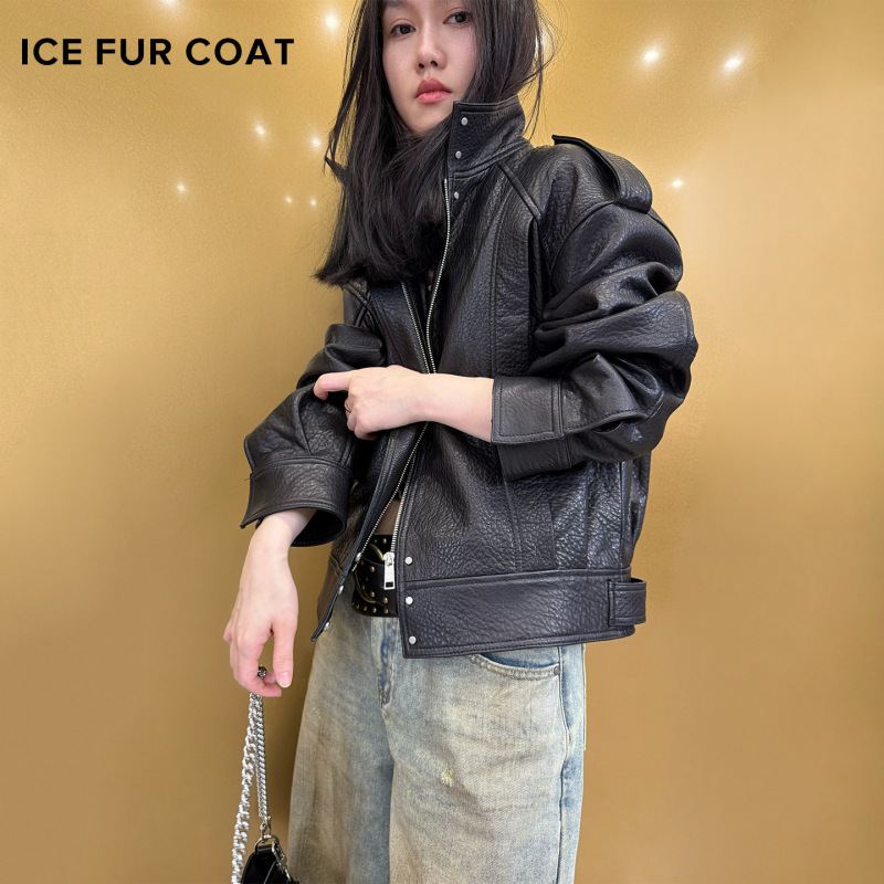2026 European and American Style Women's Loose Sheepskin Jacket with Stand Collar, Short Bubble Leather Coat, Long-Sleeve Biker Leather 2026 European and American Style Women's Loose Sheepskin Jacket with Stand Collar, Short Bubble Leather Coat, Long-Sleeve Biker Leather