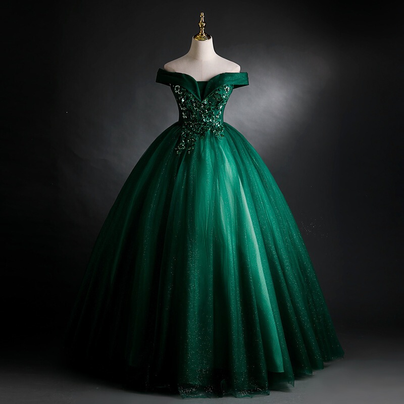 Green Ball Gown with Colorful Tulle, 2026 New Style Party Dress, Lace Sequin Off-Shoulder Formal Performance Evening Dress