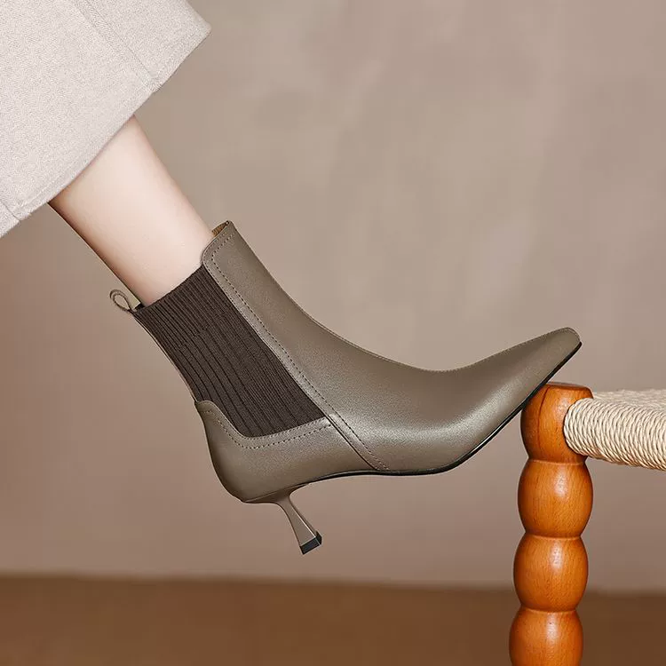 Французские остроконечные короткие сапоги женские 2024 осень-зима новые темпераментные кожаные тощие сапоги одиночные сапоги и обнаженные сапоги на каблуках