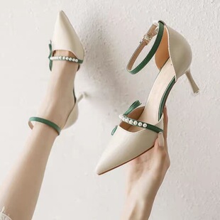Beige High Heels Summer 2024 Comfortable All-match One-line Buckle Niche Single-layer Shoes French Pointed Stiletto Heel Bridesmaid Shoes for Women