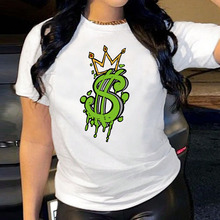 现货wish eaby亚马逊外贸欧美女装皇冠美金印花宽松圆领短袖t恤女