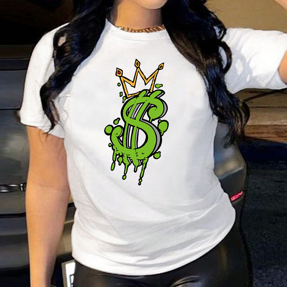 现货wish eaby亚马逊外贸欧美女装皇冠美金印花宽松圆领短袖t恤女
