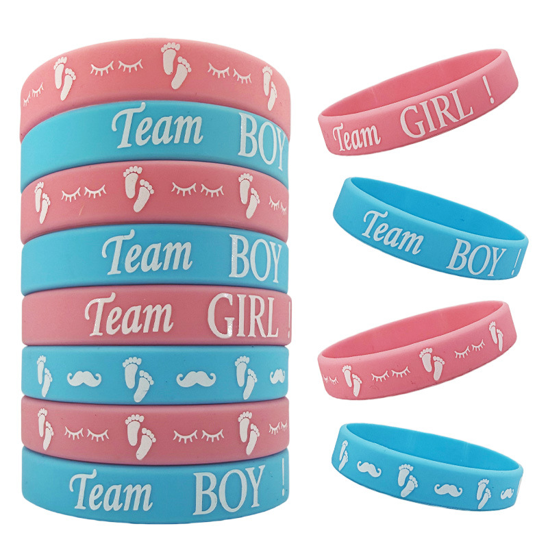 Gender revelador en stock Party Bracelet de silicona TeamBoy / Girl Baby Blue Pink Bracelet de goma para niños y niñas