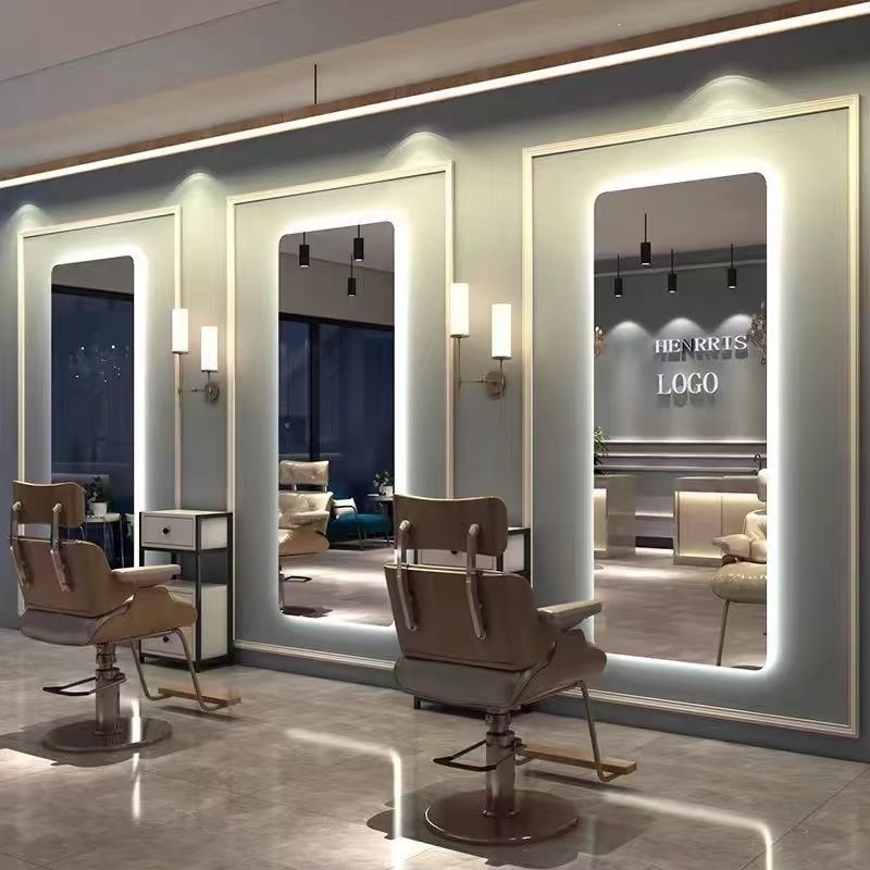 Barbería espejo salón especial barbería escaldar y teñir espejo con lámpara LED elíptica pared colgante suelo espejo de corte de pelo de lujo ligero