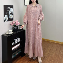 跨境外贸三宅大码连衣裙女装高级感慵懒风宽松显瘦灯笼袖褶皱长裙