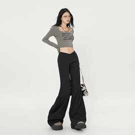 XLD秋季新款美式小众设计V型高级感喇叭裤面试通勤显瘦西裤雪尼尔