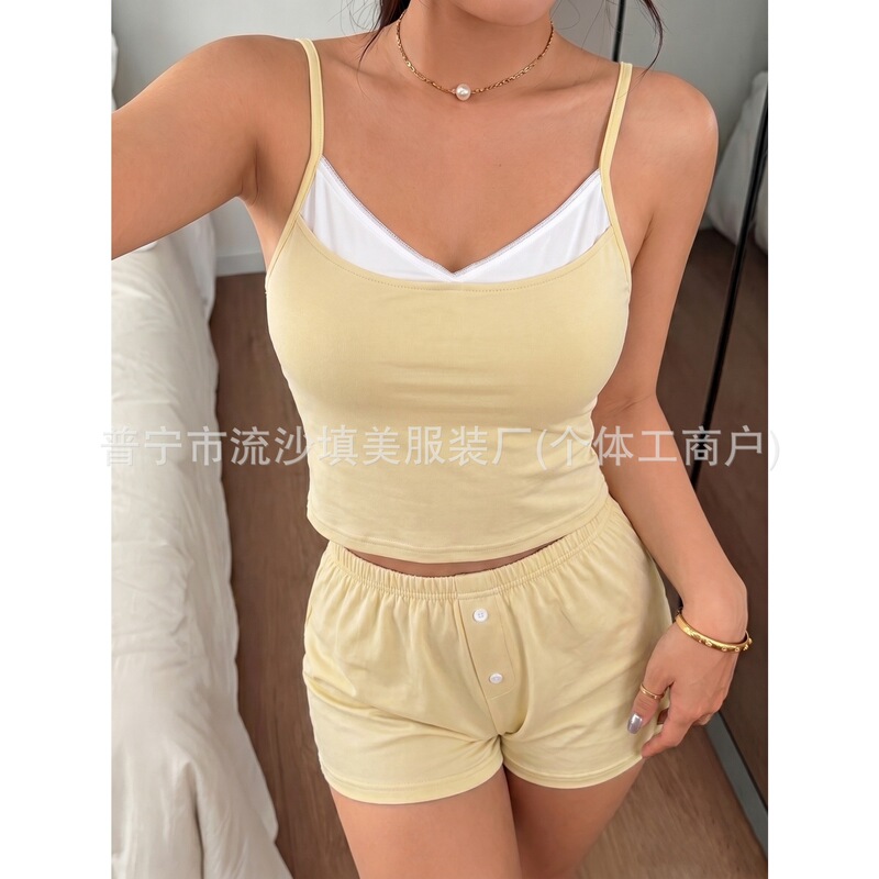 Amazon Women's Loungewear Set, Faux Two-Piece Spliced Camisole Top with Elastic Waist Shorts, Two-Piece Pajama Set