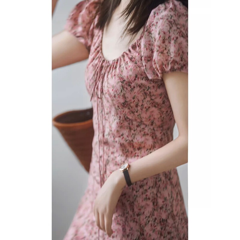 French Floral dress Women's Summer 45 ° Oblique Cut Meat Pink Elegant Slimming Long Skirt Summer Short Sleeve Skirt