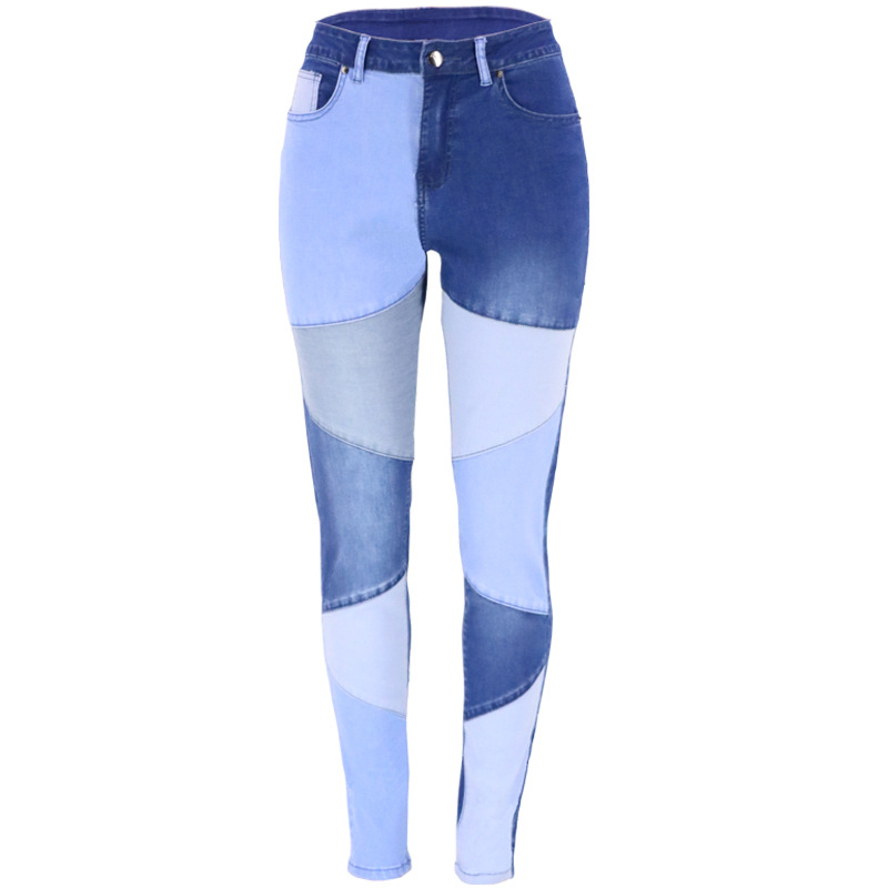Otoño 2025 en stock, ropa de mujer de talla grande, vaqueros de mezclilla lavados de algodón a la moda con parches azules y negros, estilo transfronterizo.