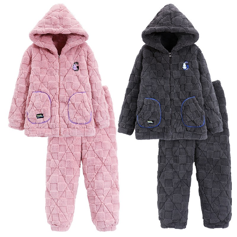 Nueva pareja de algodón acolchado pijamas hombres y mujeres de tres capas engrosadas de algodón acolchado cremallera collar soporte cremallera cálido hogar desgaste