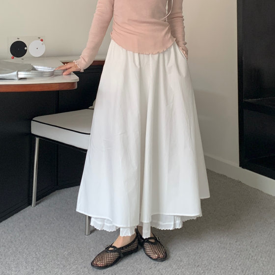 [Oufan] Gentle Wind Lace White High Waist Skirt Women's Slimming Mid-length A- shaped Umbrella Skirt 2815