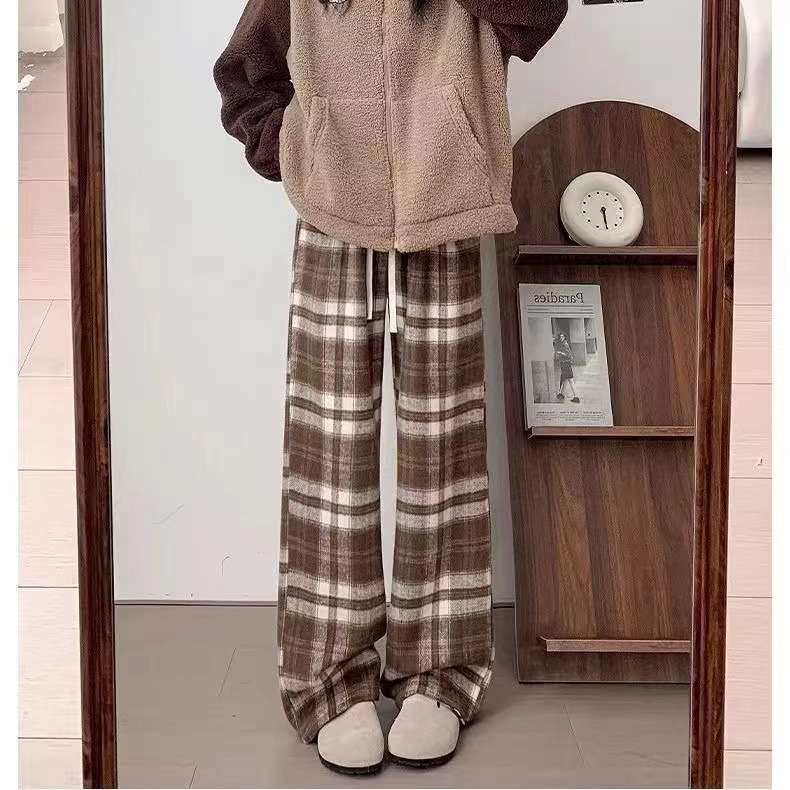 다크 그린 빈티지 격자 무늬 바지 가을과 겨울 새로운 서랍 느슨한 허리 바지 게으른 스타일 바지 겨울 모직 스트레이트 바지