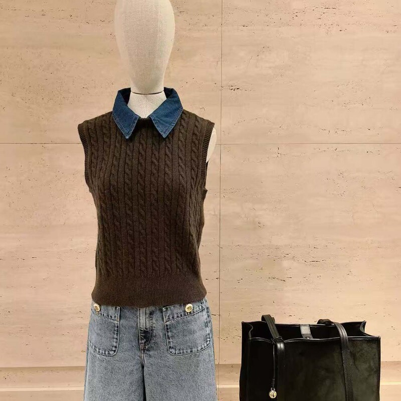 S Home 2025 Autumn New Vintage Simple Elegant Brown Patchwork Turn-Down Collar Sleeveless Slim Fit Slimming Knit Sweater