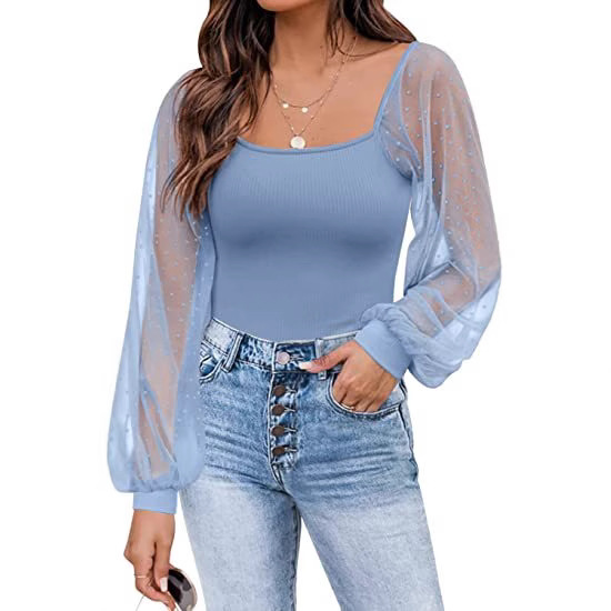 Top de Verano 2025 para Mujer, Estilo Europeo y Americano, Transparente, con Mangas Farol, Diseño de Parches, Ajustado