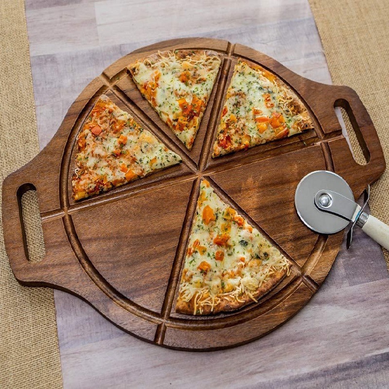 木制带切槽的披萨板 相思木双面可用带手柄托盘家用餐盘BSCI FSC