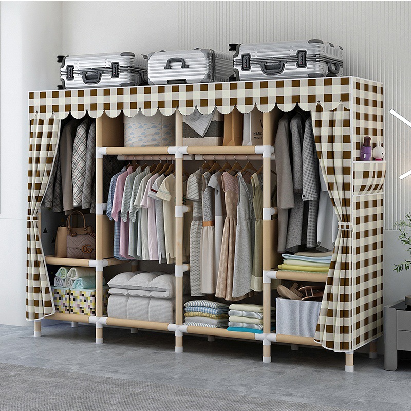 Fabric Wardrobe Dormitory Wardrobe Solid Wood Multi-Layer Storage Cabinet Home Simple Assembly