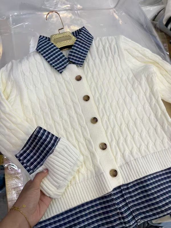 设计感假两件格子polo领撞色毛衣女秋冬新款独特拼接麻花针织上衣|undefined