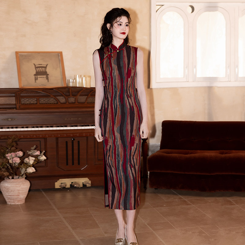 條紋民國風老上海國風新中式無袖長款改良旗袍2025新款女復古夏季