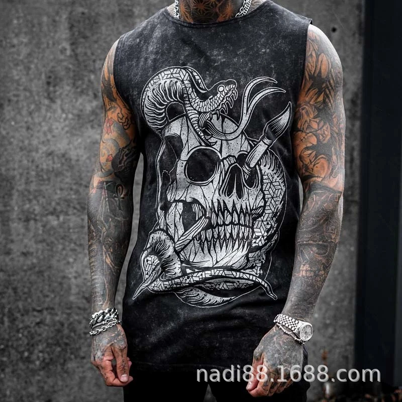 Трансграничная Новинка 2021 Amazon Skull Sports Print Мужской спортивный жилет без рукавов с принтом Футболка-топ