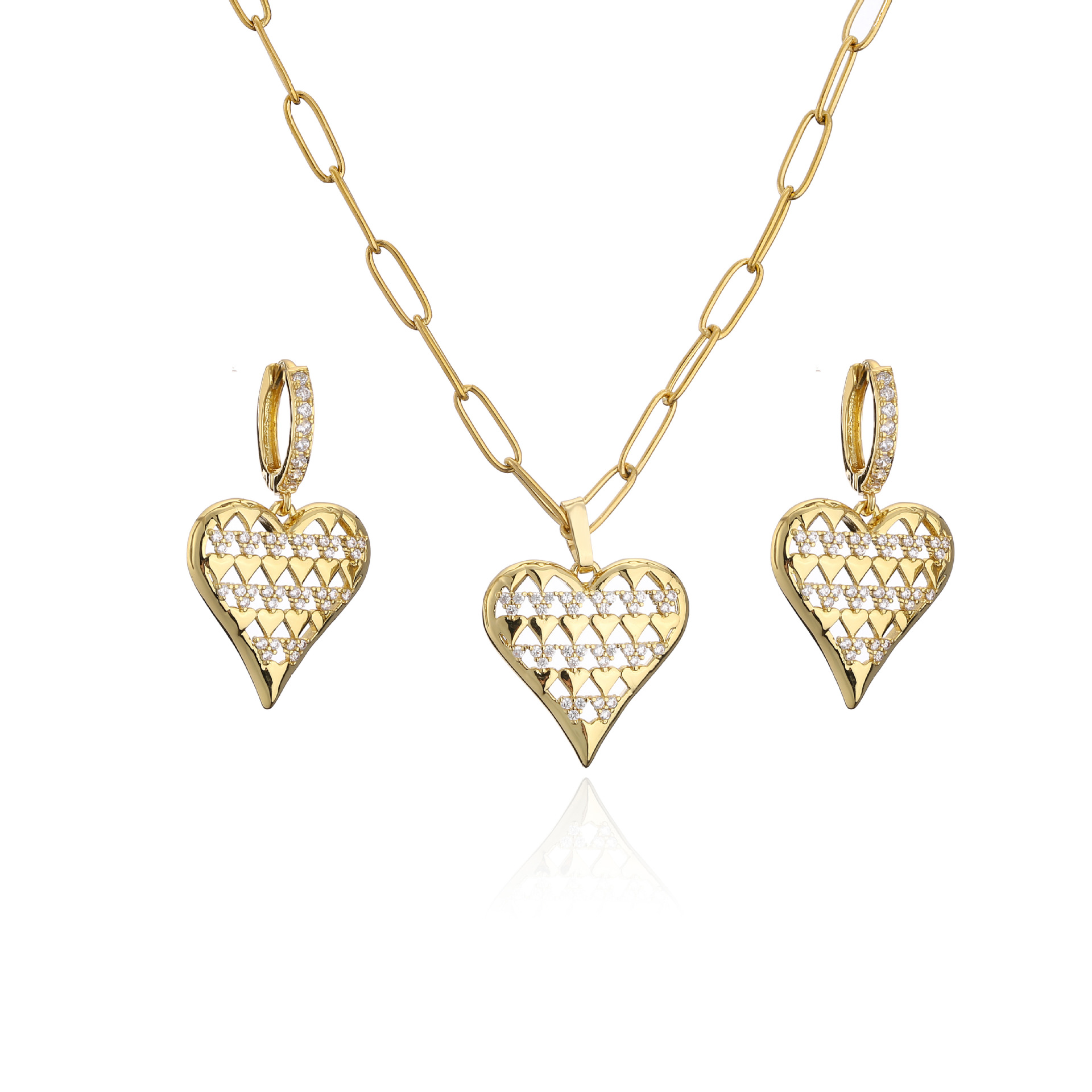 Micro Inlaid Zircon Hollow Heart Shaped Necklace Earrings Set Ornament display picture 2