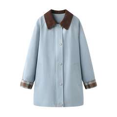 青い風衣の女性の短いタイプ2025新型の春のアメリカ式の小さい子供の服の風の上着