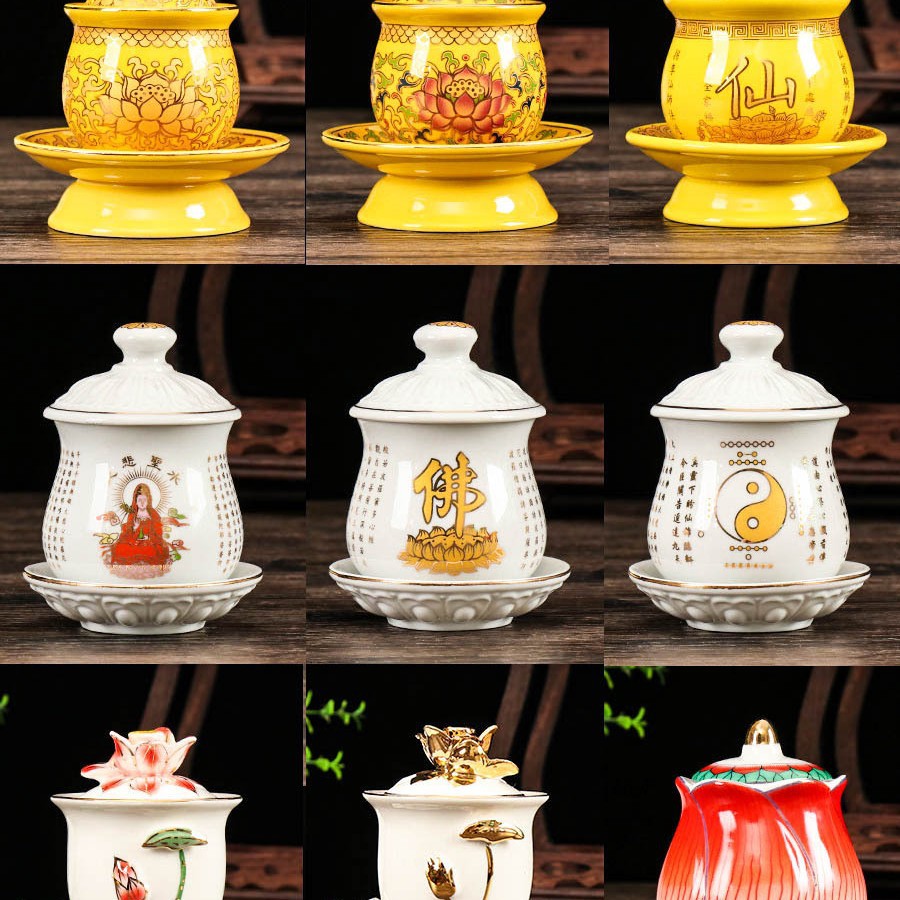 Buddhist offering water cup ceramic clean water cup lotus Buddhist offering Guanyin water supply cup household Great Compassion Mantra holy water