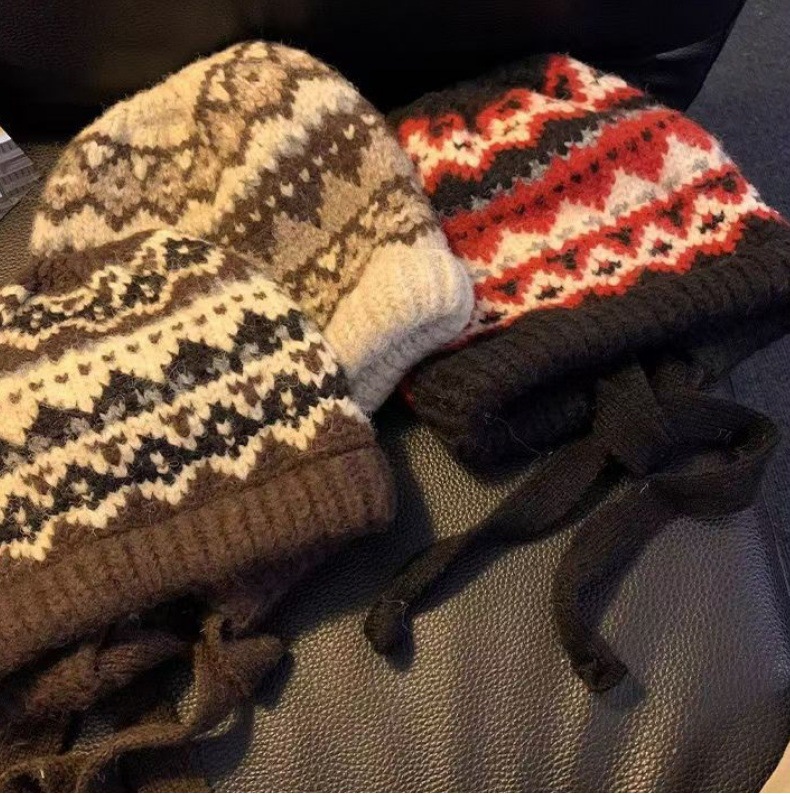 Nouveau chapeau de sac à double usage, protège-oreilles tricoté de style rétro pour pêcheur chaud, chapeau de style ethnique avec sangles, chapeau en laine_voghion.com