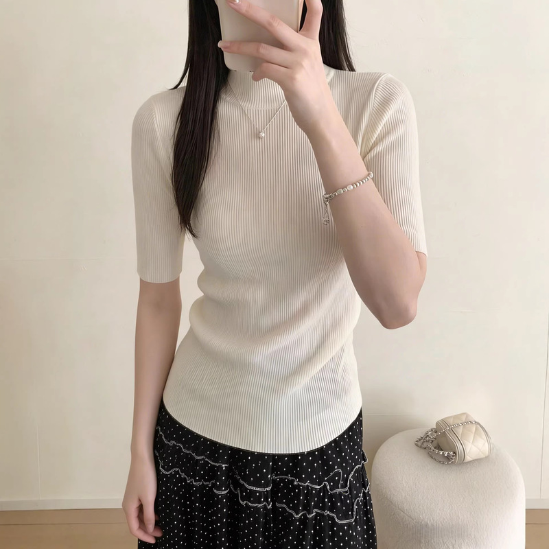 2026 Summer Women's Wool Half-Turtleneck Short-Sleeve T-Shirt Knitwear Slim Fit Gentle Inner Wear Outerwear Top