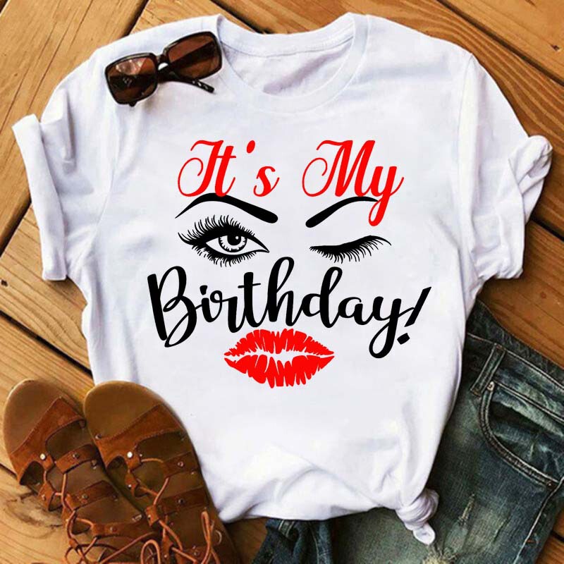 Eyelashes and Lip Print Women T-Shirt Fashion Graphic T-Shirt Funny Happy Birthday Party T-Shirt Casual Women