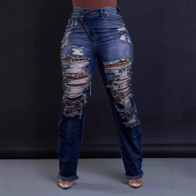 European and American Autumn and Winter New European and American Clothing Amazon Straight-Leg Personalized Waist Elastic Cut Tassel Jeans