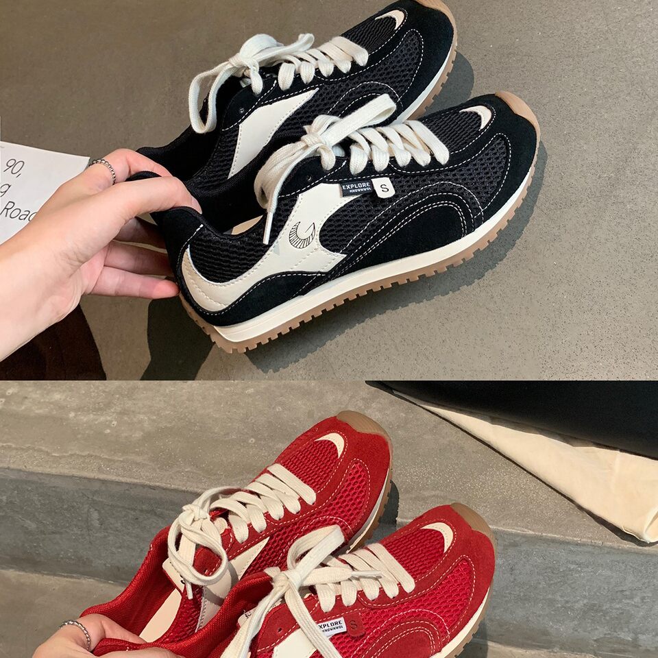 Giày sneaker nữ da bò lưới thân thấp dây buộc gót ẩn 6 cm — Đen (Gót ẩn 6CM) - Còn hàng, Đỏ (Gót ẩn 6CM) - Còn hàng