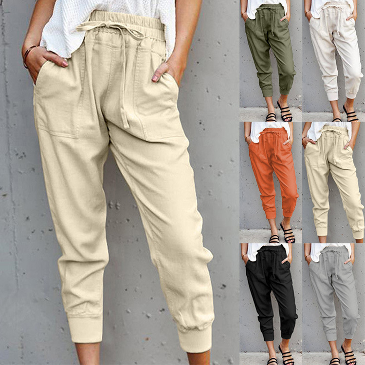 Cross-border Summer New Cotton and Linen Solid Color Simple Lace-up Casual Pants Women's Amazon Slim-fit Slimming Cropped Pants