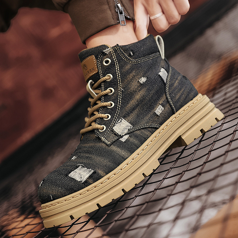 Distressed denim arbejdsstøvler britisk stil til par_voghion.com