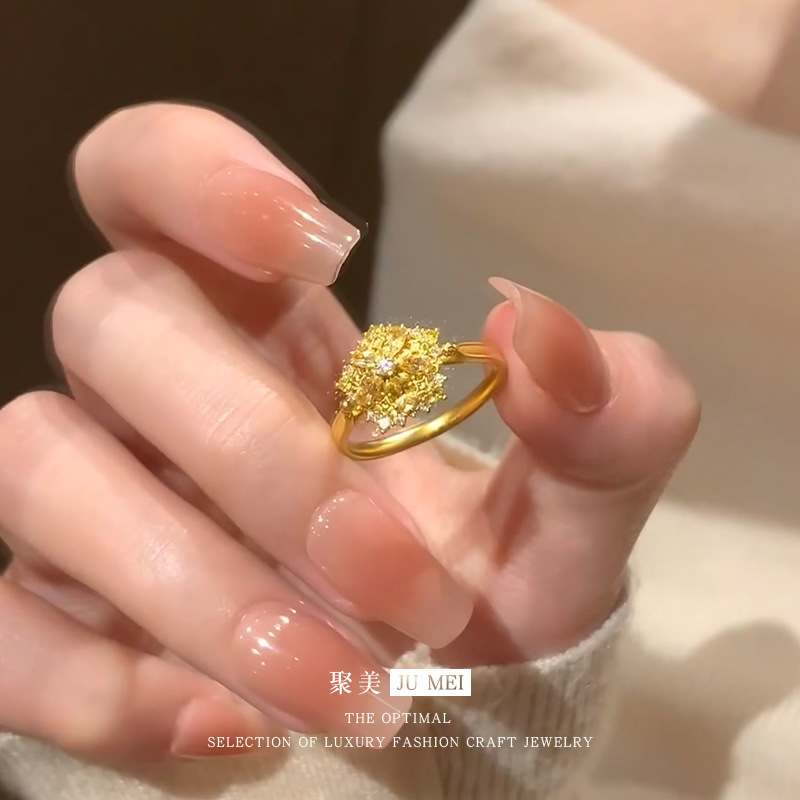 橙光沙金雪花闪钻戒指女精致时尚高级感小众设计个性款食指戒批发|undefined