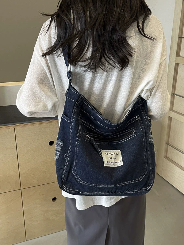 Denim Shoulder Bag for Casual Wear, One-Shoulder Design in Black, Light Blue, Navy Blue