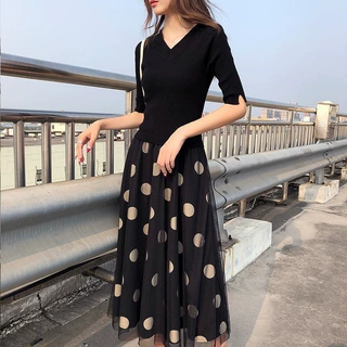2026春秋装新款中袖连衣裙女波点网纱收腰显瘦假两件冰丝针织裙