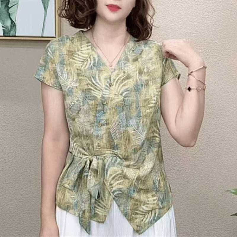 Middle-Aged and Elderly Women's Summer Slimming Lace-Up Shirts, Simple Casual Thin Style Mom Wear, Fashionable Short-Sleeved Tops That Cover the Body