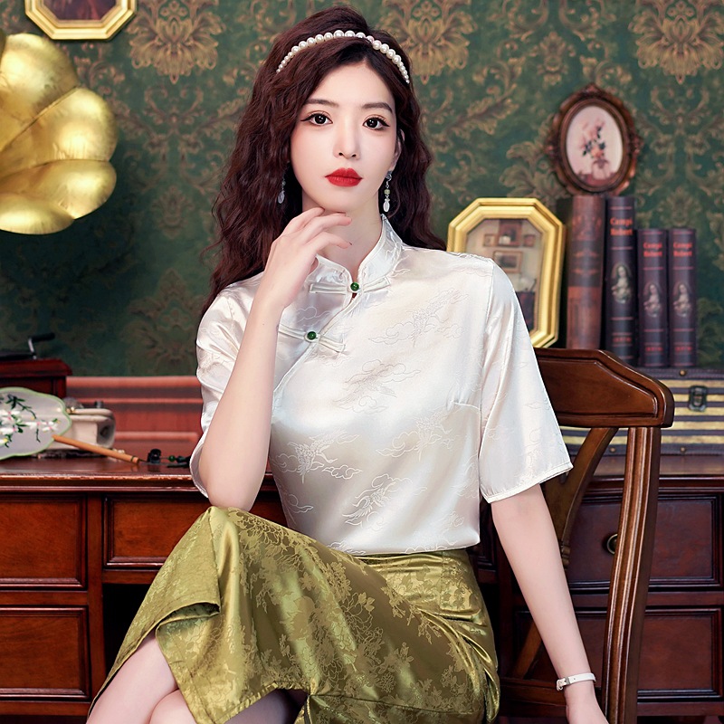 新中式立领提花雪纺衫女夏季国风盘扣斜襟小衫设计感白色短袖上衣