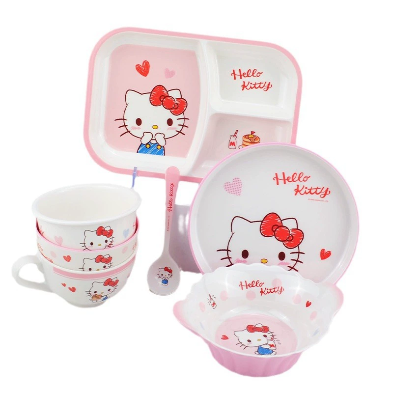 Children's Tableware (Hello Kitty) Feeding Set — Cute Dinner Plate, Spoon & Glass, Multi-piece