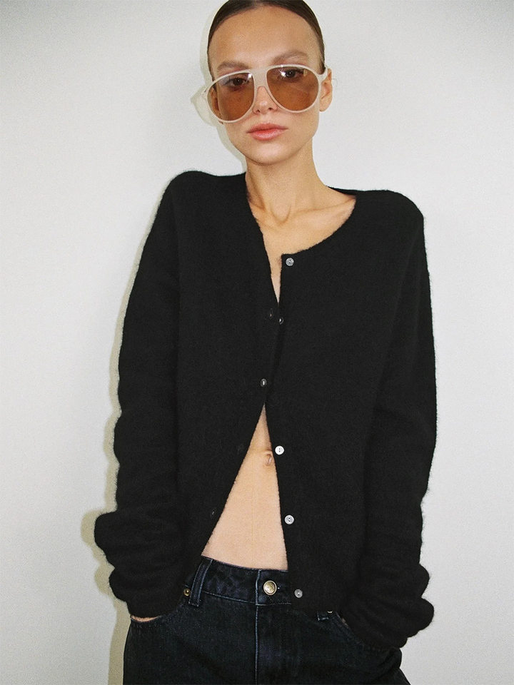 Áo cardigan len nữ cổ tròn dáng rộng cài khuy một hàng, dài tay, phong cách thanh lịch — Màu trắng, Xanh bạc hà, màu xám chi tiết 31