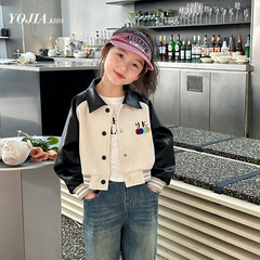 YOJIA女童短款外套春秋童裝2024新款黑白拼色兒童時髦棒球服批發