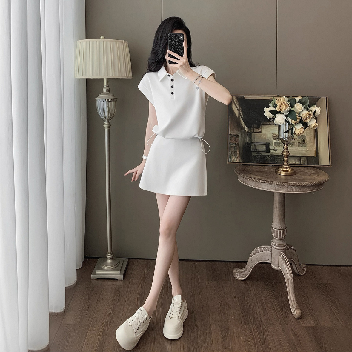 气质白色休闲运动套裙女2025夏季时尚减龄显瘦短袖上衣裙裤两件套