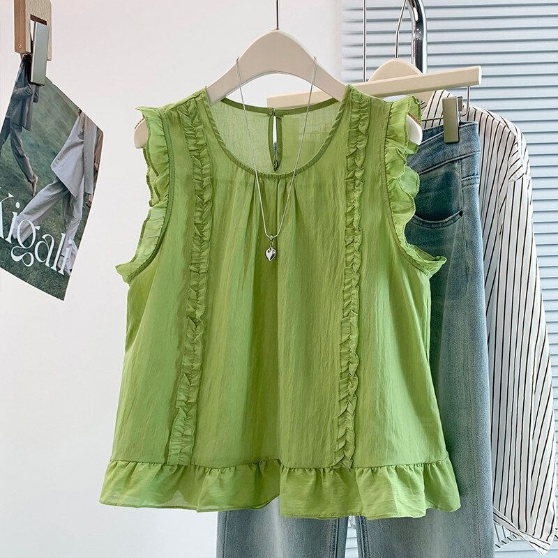 Korean-Style Gentle Avocado Green Round-Neck Sleeveless Shirt for Women, New Summer Style, Fresh and Age-Reducing Top with Ruffled Sleeves