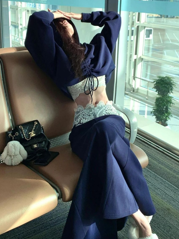 休闲套装藏蓝色修身长袖短款T恤女春季2025新款a字半身裙子两件套|undefined