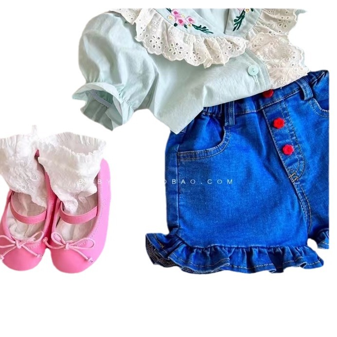 Camisa de manga corta para niñas camisa de muñeca de encaje bordado verano estilo coreano bebé niñas lindo algodón puff manga superior