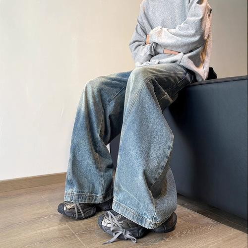 American Wide-Leg Bifurcation Denim Jeans for Men - Spring and Autumn Fashion Brand Straight Leg Plus Size Loose Hip-Hop Floor-Length Pants for Men