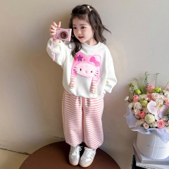 女童卫衣套装春秋款儿童甜美卡通T恤条纹卫裤两件套时尚童装批发