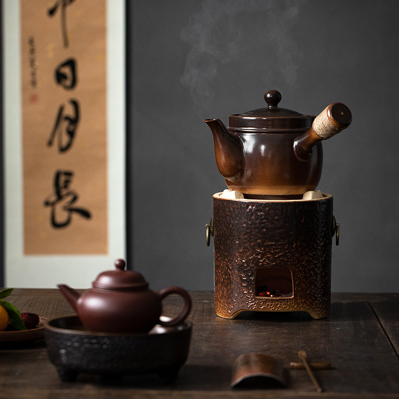陶瓷围炉煮茶器家用复古手工提梁壶火炉木炭电陶炉煮茶器窑变炭炉